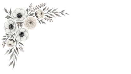 Hand painted minimal floral corner element featuring anemones and ranunculus in a neutral color scheme isolated on white background
