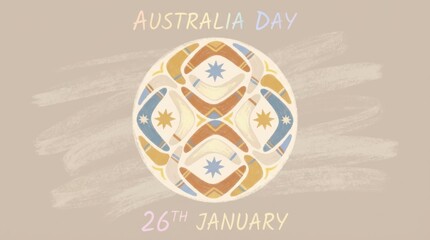 soft pastel horizontal poster template for australia day showcasing a circular design adorned with boomerangs and star motifs against a gentle neutral backdrop