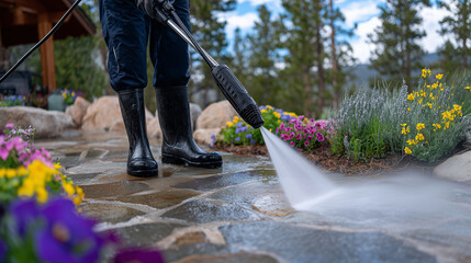 Garden cleaning scene with person in black rubber boots, pressure washer aimed at stone path, fine mist rising, colorful flower beds and green foliage on either side, dynamic outdo