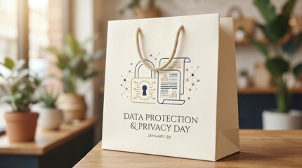 elegant shopping bag design for data protection and privacy day featuring a padlock stylized documents and dots on a soft vignette background