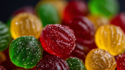 Close-up of a heap of colorful round gummy candies, sugar crystals sparkling, glossy smooth surfaces, red, green, and yellow candies creating vibrant contrast, high-detail sweet tr