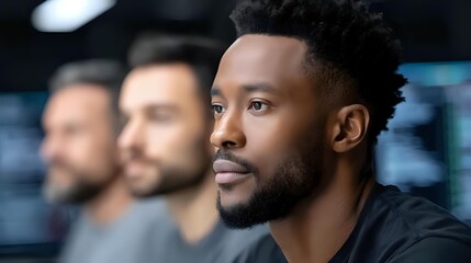 Young African American businessman in modern office environment focused on work with diverse team colleagues in background.