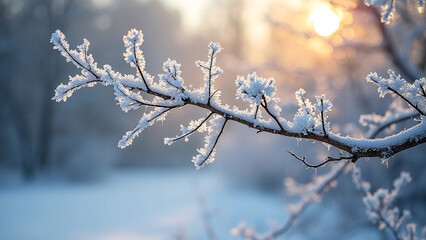 Sparkling Winter: Frost-Kissed Branch in Golden Sunlight - Friluftsliv Aesthetic