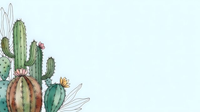 Watercolor cactus collection with blooming flowers on clean white background for botanical designs and desert themed projects.