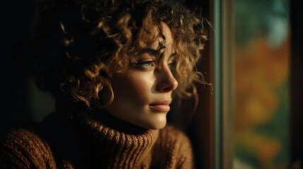 Young woman with curly hair in cozy sweater by window with warm golden light creating intimate autumn atmosphere for lifestyle and portrait photography.