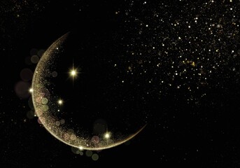 Sparkling Golden Islamic Crescent Moon With Stardust On Black Background © Mas Water