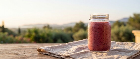 Refreshing Berry Smoothie in a Mason Jar Outdoors