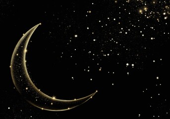 Naklejka premium Sparkling Golden Islamic Crescent Moon With Stardust On Black Background