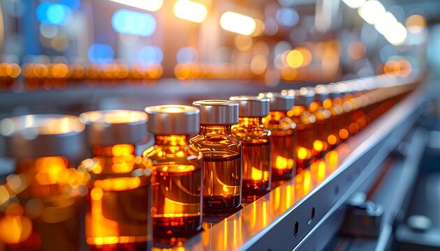 工場内で光を反射する瓶が連続する生産ラインの規則性を強調する