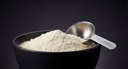 Whey Protein Powder and Scoop in Black Bowl on Dark Background