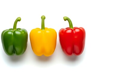 Three colorful bell peppers in green, yellow and red arranged in row on white background, isolated fresh vegetables for cooking and healthy eating.