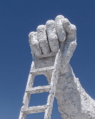 Massive white stone sculpture of a hand gripping a ladder against a vivid blue sky, symbolizing aspiration, ambition, and reaching for new heightssculpture