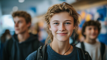 Close-up of students in casual wear with backpacks, diverse group, standing patiently, hallway background softly blurred with lockers and school posters, natural soft lighting