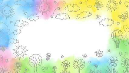 Obraz premium Colorful watercolor frame with hand drawn doodles of suns, clouds, flowers, butterflies and hot air balloon on white background for children design.