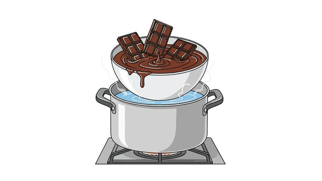 Melting Chocolate with Unmelted Chocolate Bar Pieces Using Au Bain-Marie Flat 2D Vector Illustration