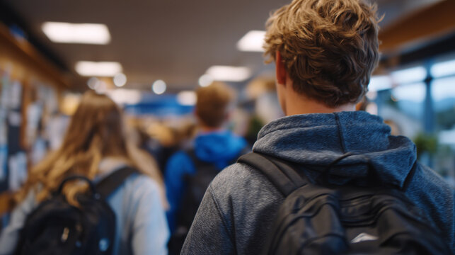 Group of diverse students waiting to enter classroom, casual clothing, backpacks slung over shoulders, indoor school corridor with lockers and bulletin boards, cinematic depth of f