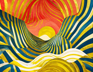 うねるストライプと黄金の地層。太陽を抱くダイナミックな曲線が美しい背景アート。