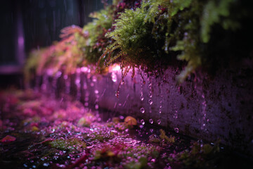 Close-up of Water Trickling into Hydroponic System with Magenta Grow Lights