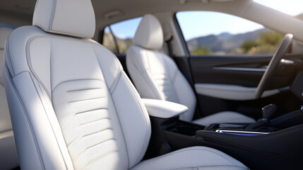 Fototapeta premium Wide-angle view of white leather seats in vehicle, detailed stitching and ergonomic contours, sleek dashboard and console in background, soft diffused lighting emphasizing textures