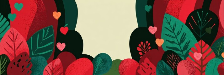 colorful postcard template, flat and bold color palette of deep reds and forest greens on a wide postcard template with a repeated simple pattern at the bottom large white space at the center high