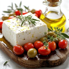 Fresh ingredients showcase Mediterranean flavor on a wooden platter with olive oil