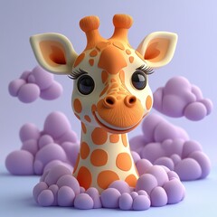 Whimsical giraffe peeking out from fluffy clouds in a playful pastel setting