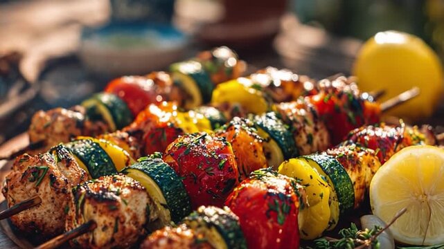Colorful chicken vegetable skewers with peppers, zucchini on grill plate with lemon wedges, fresh summer barbecue meal