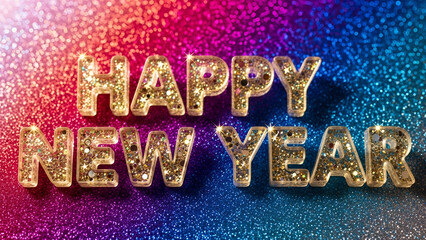 Glowing &ldquo;Happy New Year&rdquo; Text with Sparkling Multicolor Background