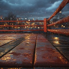 Rainy evening reflections on a vibrant wooden deck overlooking a city skyline