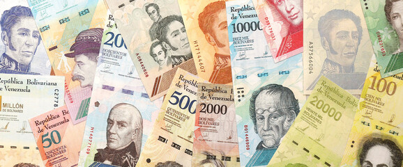 Venezuelan Bolivar currency money bills in big amount. Bunch of VED currency banknotes with different denomination close up