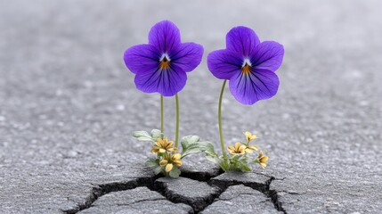 Purple blossoms rise from cracked pavement showcasing nature's resilience and beauty