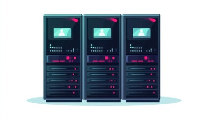 Three vector servers on white background for data storage and processing