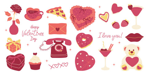 Valentine’s Day romantic hand drawn elements. Hearts, roses, teddy bear, cupcakes, chocolates, sweets, gifts, envelope,  phone. Vintage doodle illustrations for cards, stickers, invitations