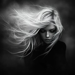 Hair flowing gently in the wind with a solemn expression against a dark background