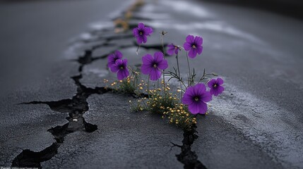 Purple flowers bloom through cracks in asphalt defying harsh urban landscape