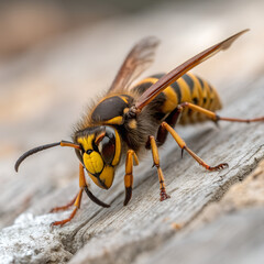 Close Up of yellow Legged Hornet Wasp, Macro Insect Photography, Nature and Wildlife Concept.