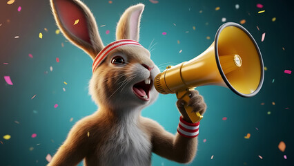 Cute Bunny with Megaphone Celebrating Party Confetti Vector Illustration