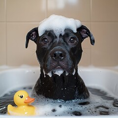 Dog in bath enjoying sudsy fun with a rubber duck during a playful moment