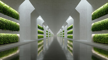 Monolithic Greenhouse: Symmetrical Vanishing Point Perspective of a High-Tech Hydroponic Vertical Farm Corridor