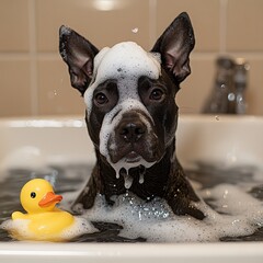 Charming puppy enjoys a bubbly bath with a playful rubber duck at home