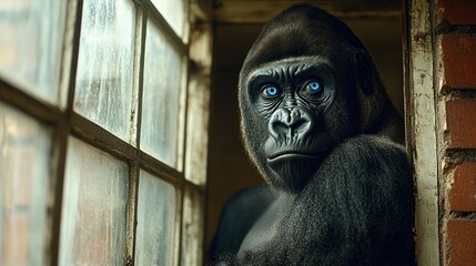 Majestic gorilla gazing through a window in urban surroundings during daylight