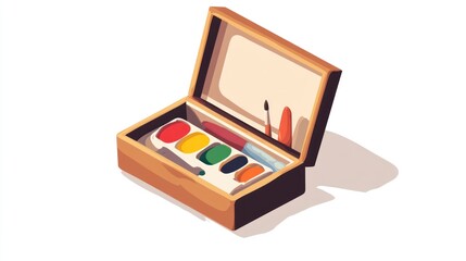 Watercolor paint set illustration open lid with brush and supplies on white