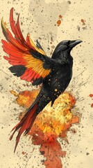 Majestic black bird soaring with fiery splashes of color in clear sky backdrop