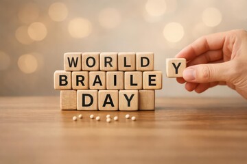 Hand placing final letter block to spell World Braille Day celebration event