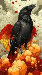 Majestic black bird with fiery wings soaring through a dramatic landscape
