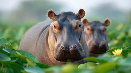 Two hippos lounging in vibrant green water lilies at dawn