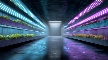Automated Eden: Futuristic Hydroponic Vertical Farm with Blue and Magenta LED Lighting in Modern Concrete Facility
