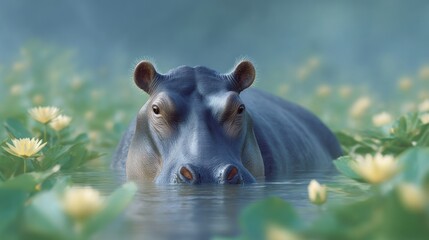 Hippo resting in tranquil waters surrounded by blooming lilies at dawn