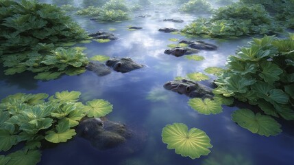 Tranquil waters reflect lush greenery and hidden creatures in serene landscape