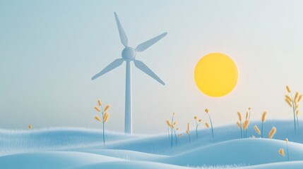 Wind turbine generating renewable energy under sunlight with copy space for design